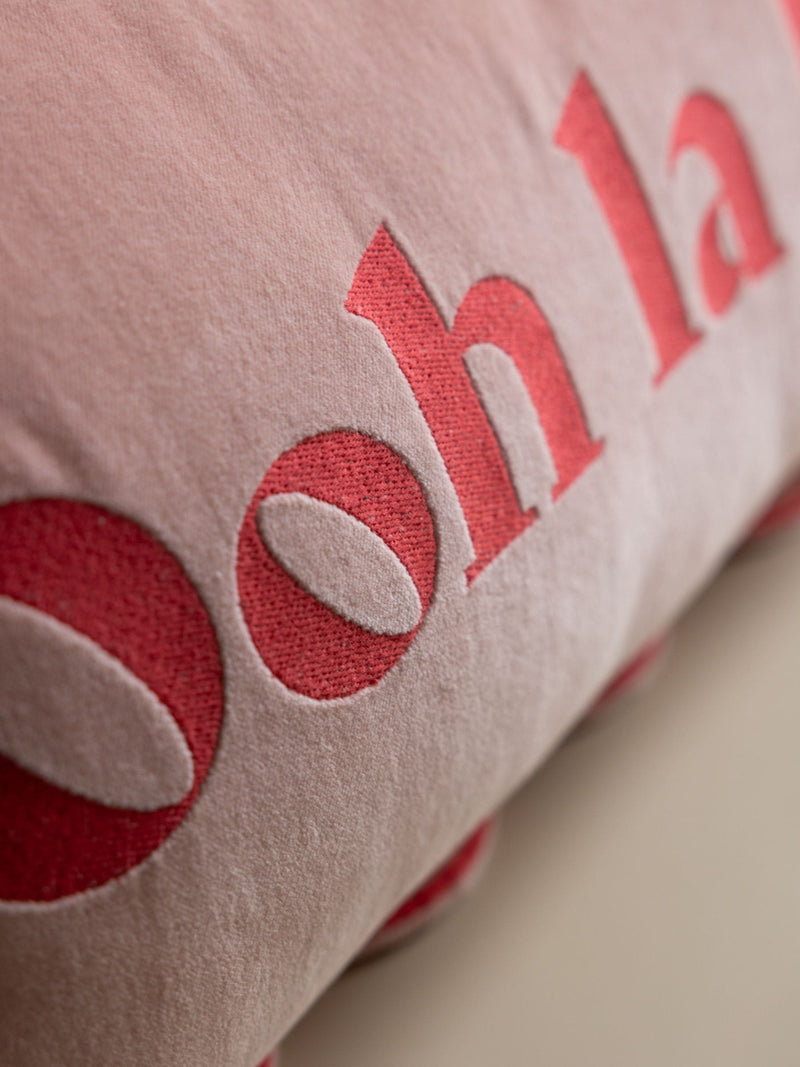 Rockett St George pink scalloped velvet slogan cushion 30x50cm (British brand)