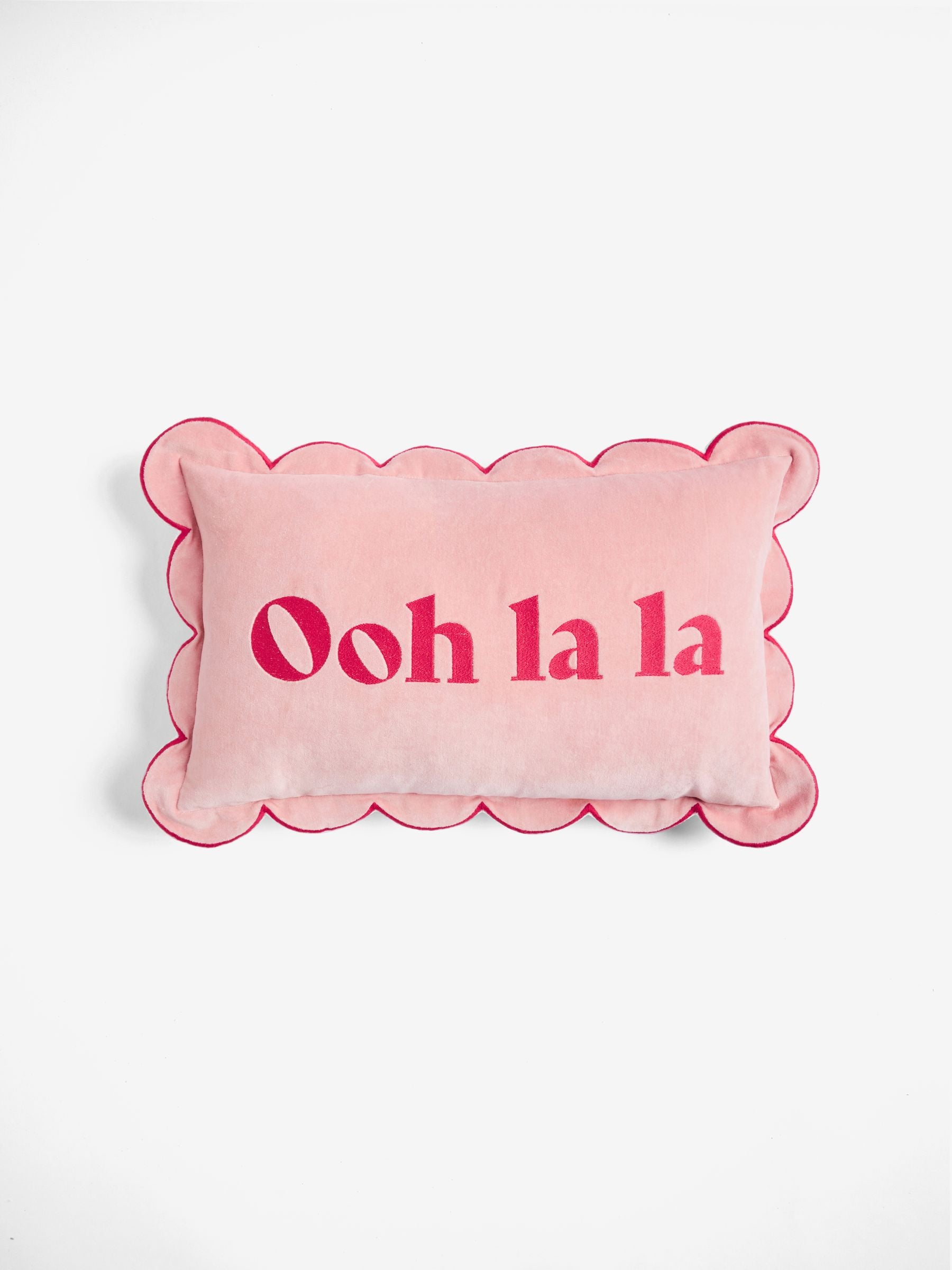 Rockett St George pink scalloped velvet slogan cushion 30x50cm (British brand)