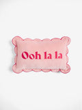 Rockett St George pink scalloped velvet slogan cushion 30x50cm (British brand)