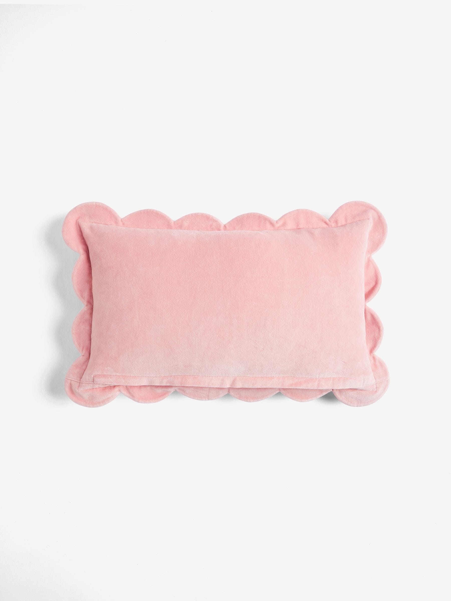Rockett St George pink scalloped velvet slogan cushion 30x50cm (British brand)