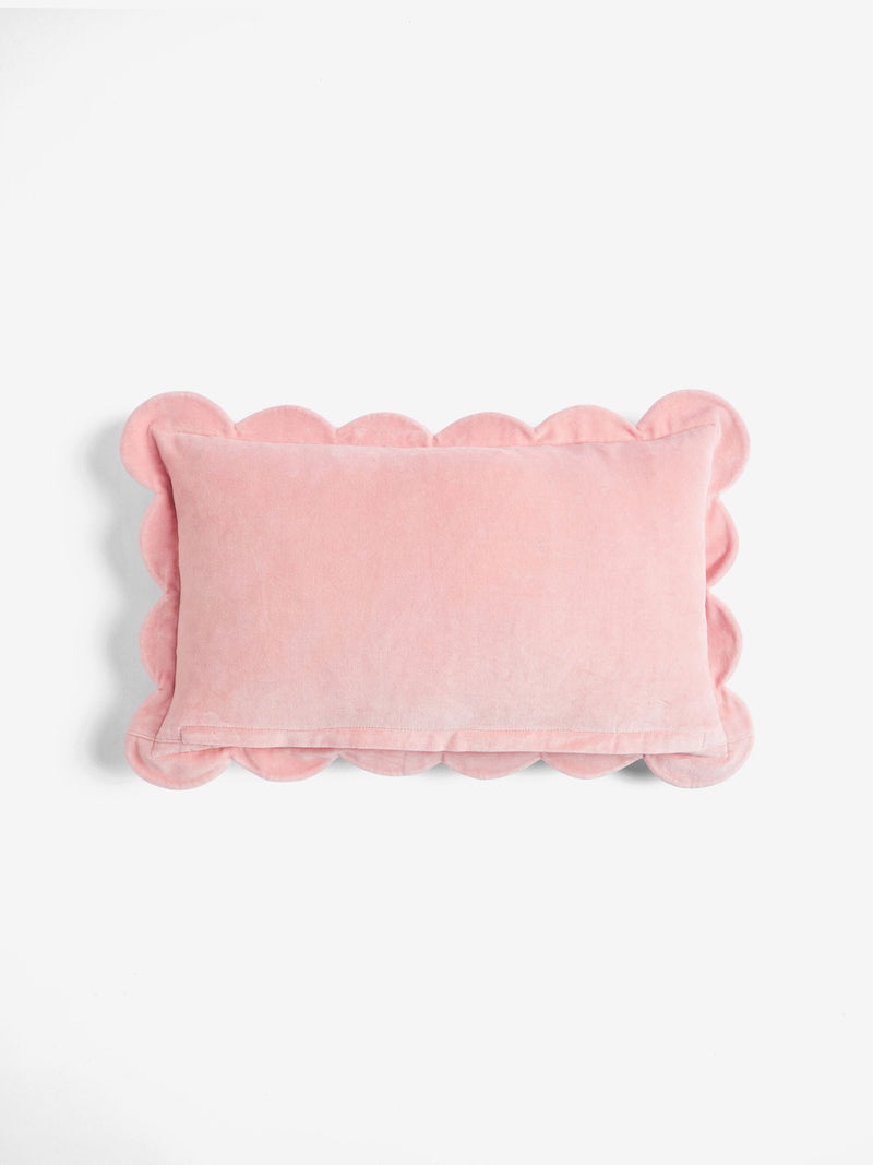 Rockett St George pink scalloped velvet slogan cushion 30x50cm (British brand)