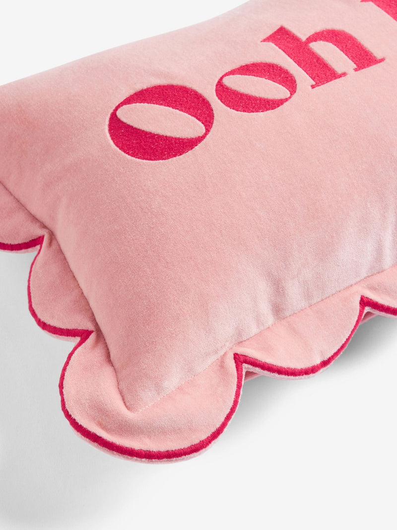 Rockett St George pink scalloped velvet slogan cushion 30x50cm (British brand)