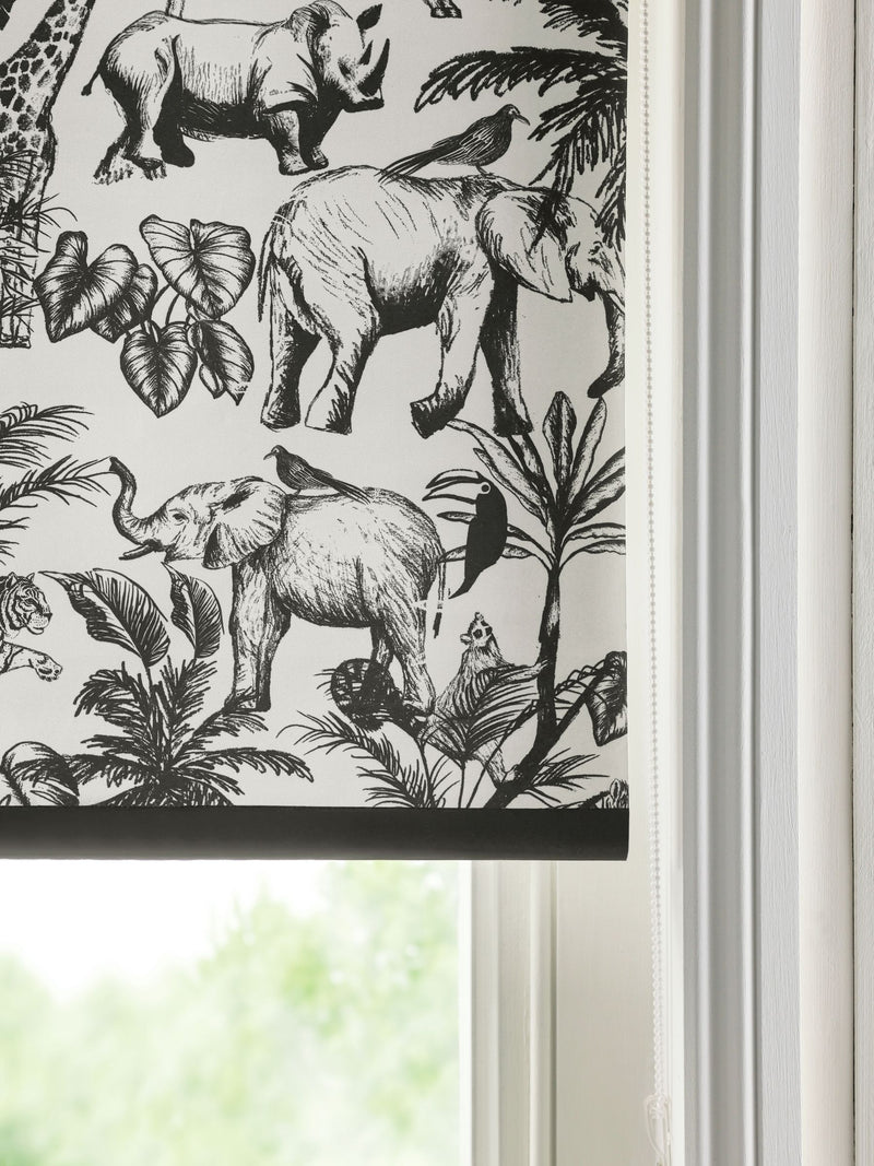 Monochrome safari print blackout bathroom roller blind, UK version