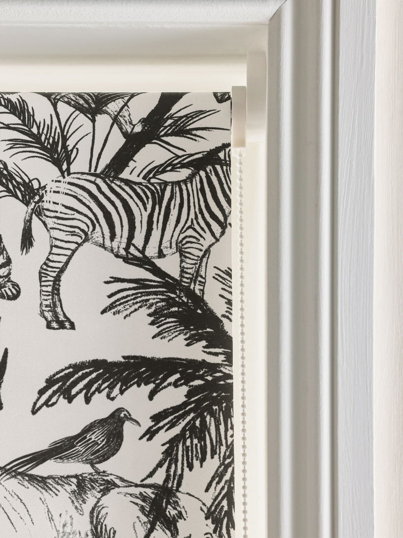 Monochrome safari print blackout bathroom roller blind, UK version
