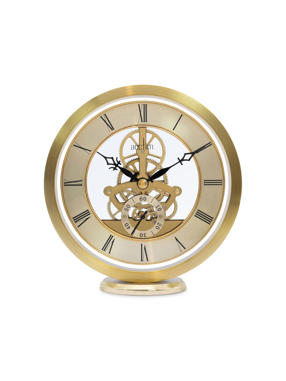 Acctim gold skeleton mantel clock 14cm, UK version