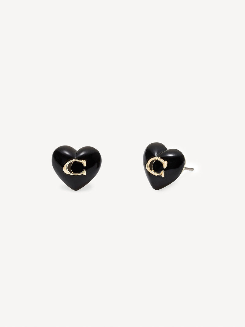 Black Resin Heart Stud Earrings with Sculpted Motif