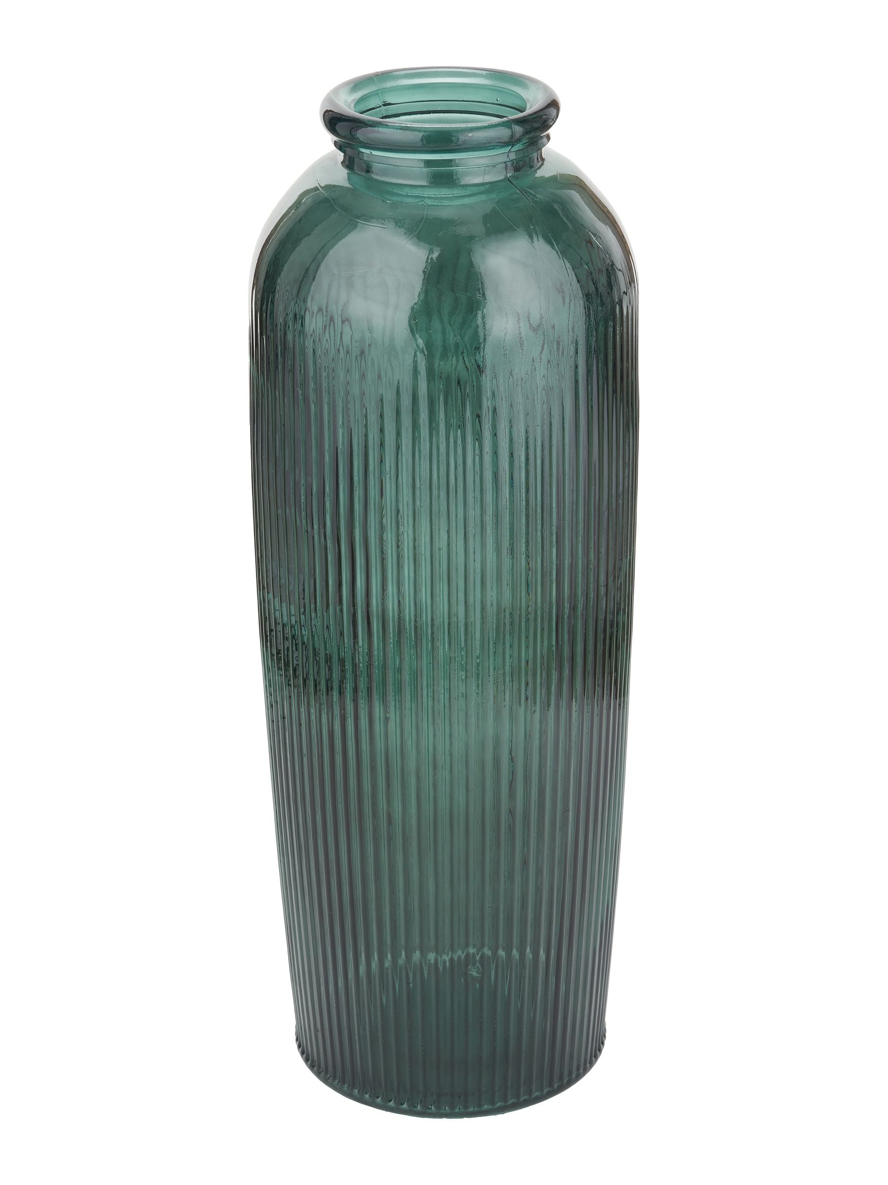 Pacific Teal Glass Ribbed Tall Vase