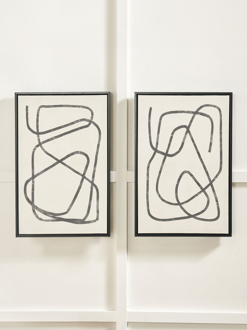 Black and white squiggle print canvases with frames, imported from the UK