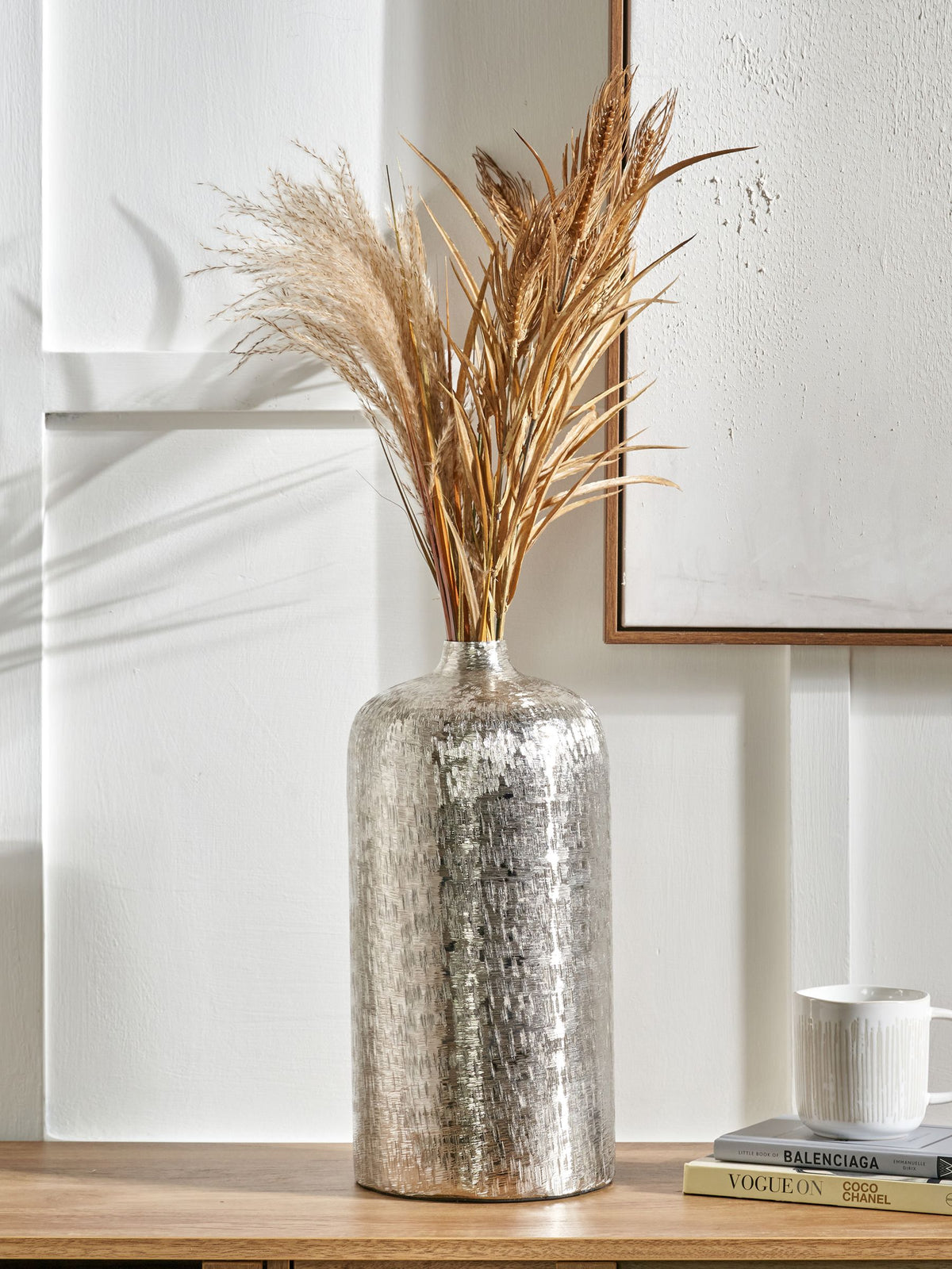 Pacific Silver metal hammered tall vase 38cm height, imported from the UK