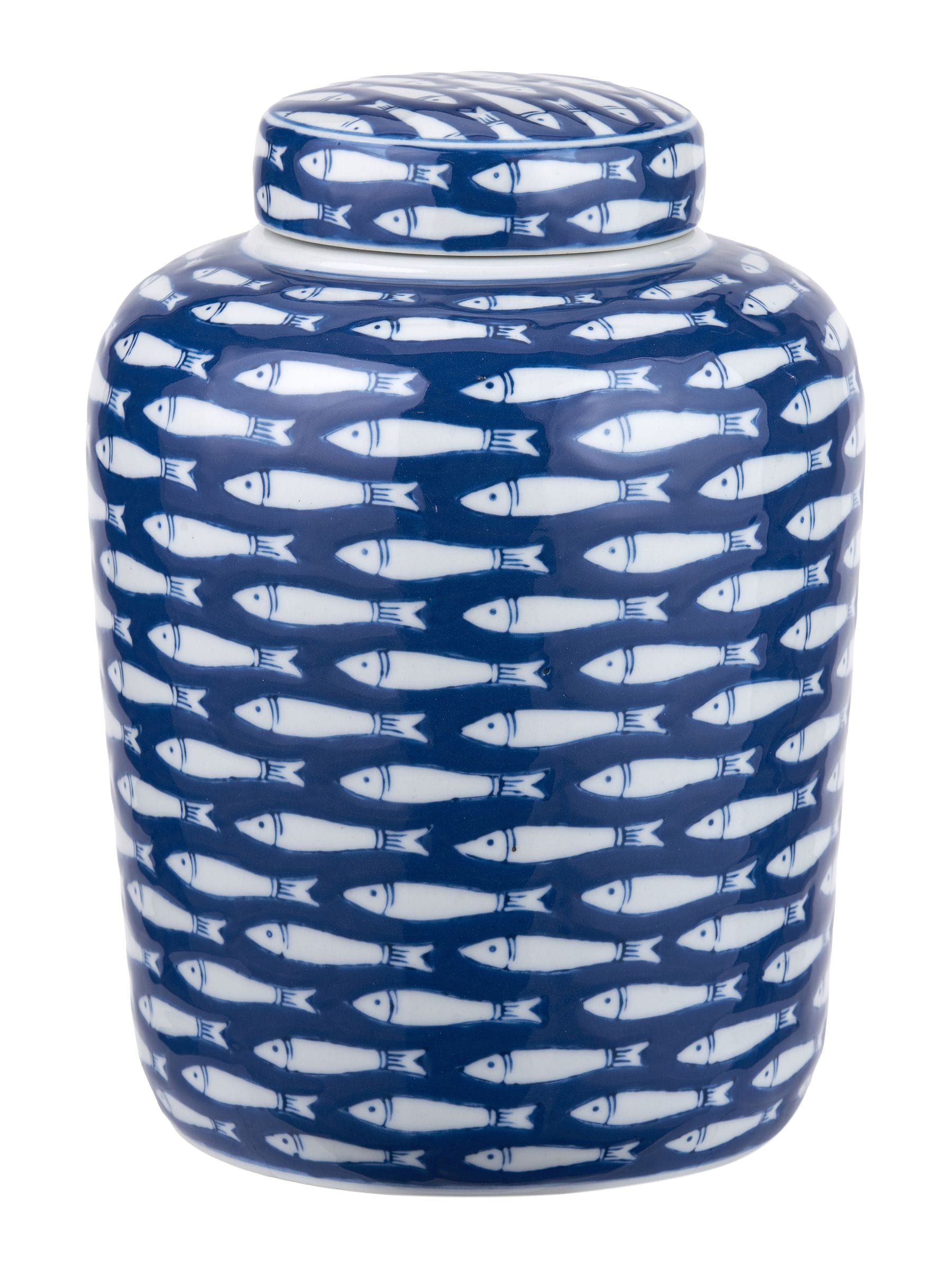 Pacific Blue Schoal decorative fish ginger jar, imported from the UK