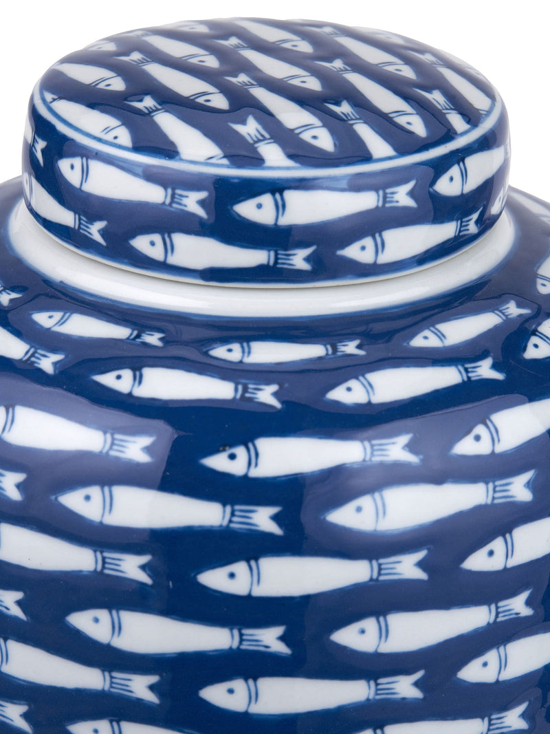 Pacific Blue Schoal decorative fish ginger jar, imported from the UK