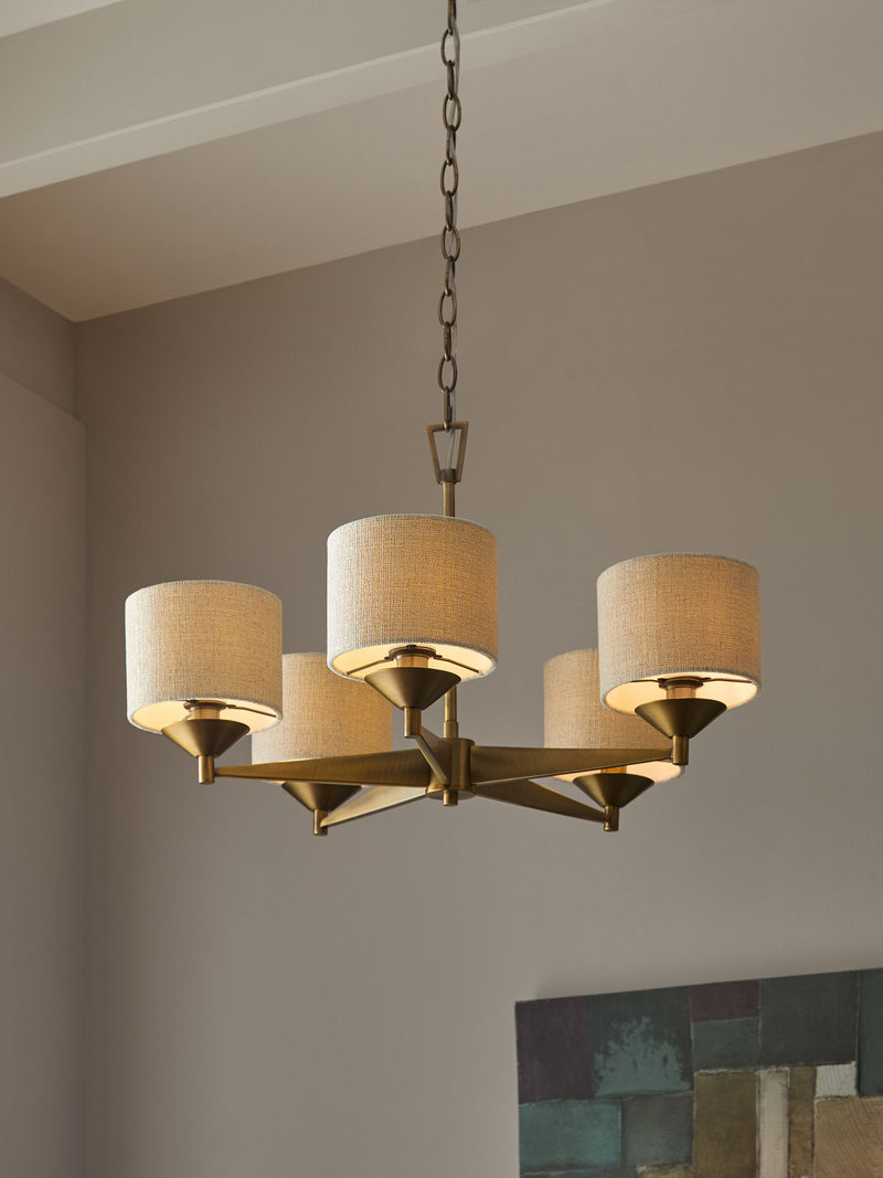 Brass Marston 5 light chandelier with brushed brass finish, imported from the UK