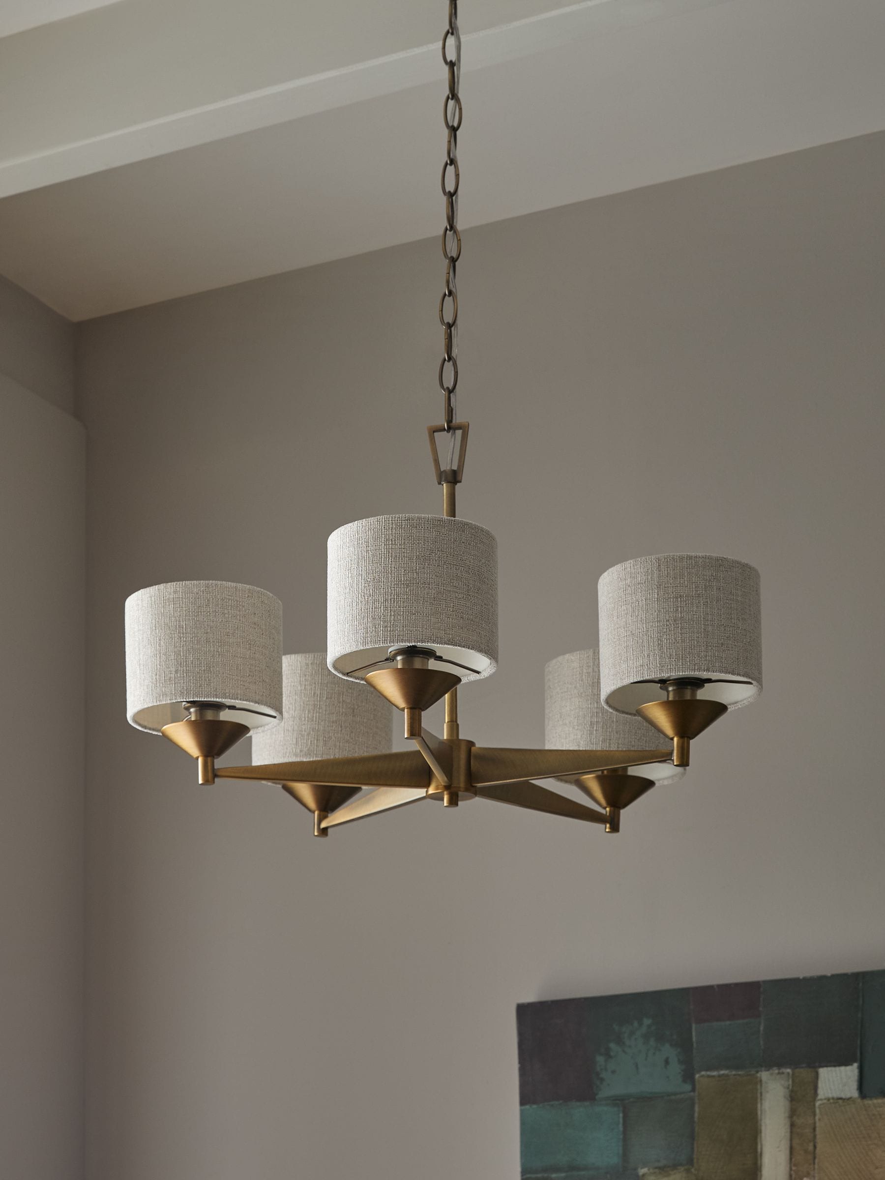 Brass Marston 5 light chandelier with brushed brass finish, imported from the UK