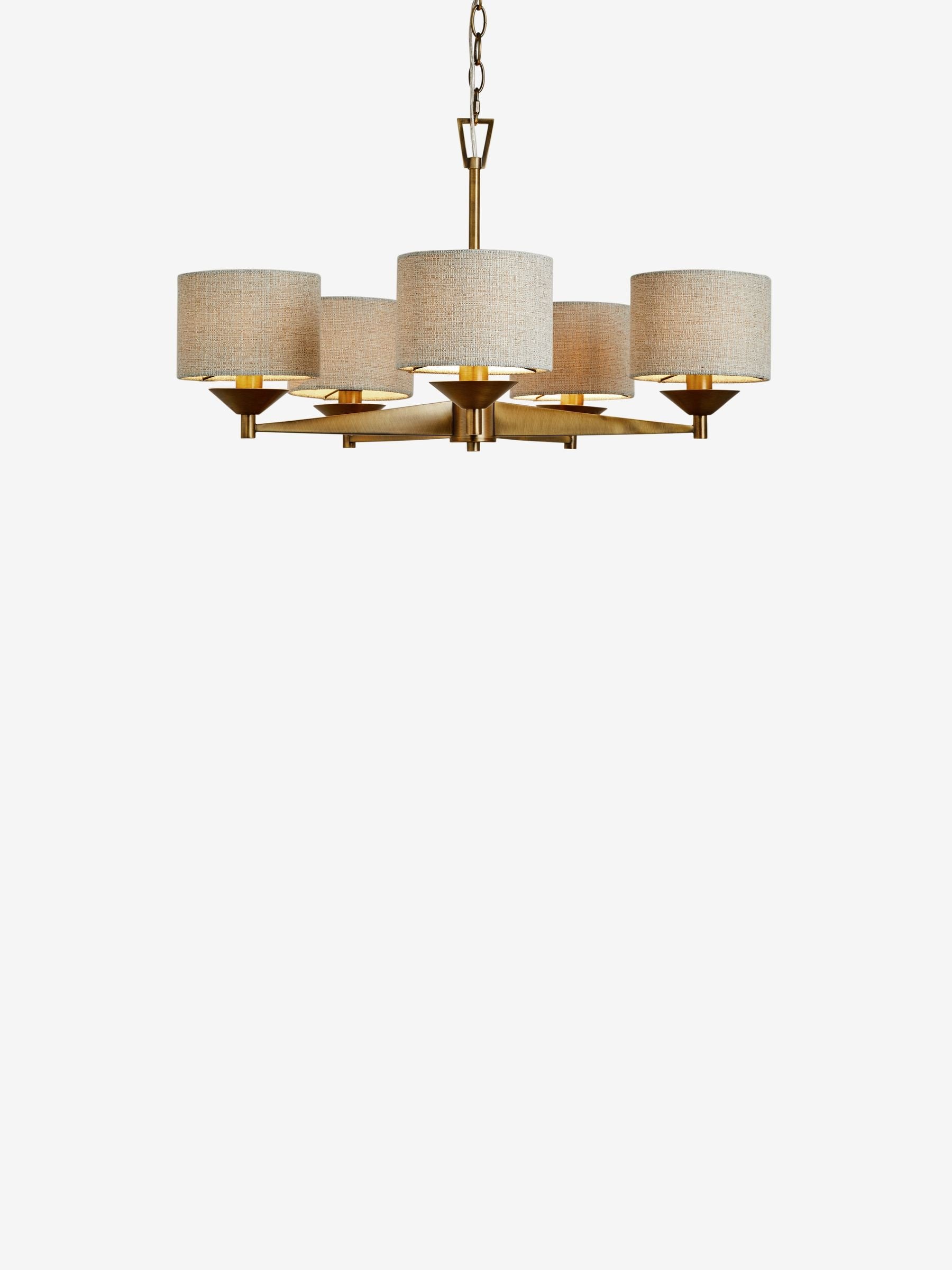 Brass Marston 5 light chandelier with brushed brass finish, imported from the UK