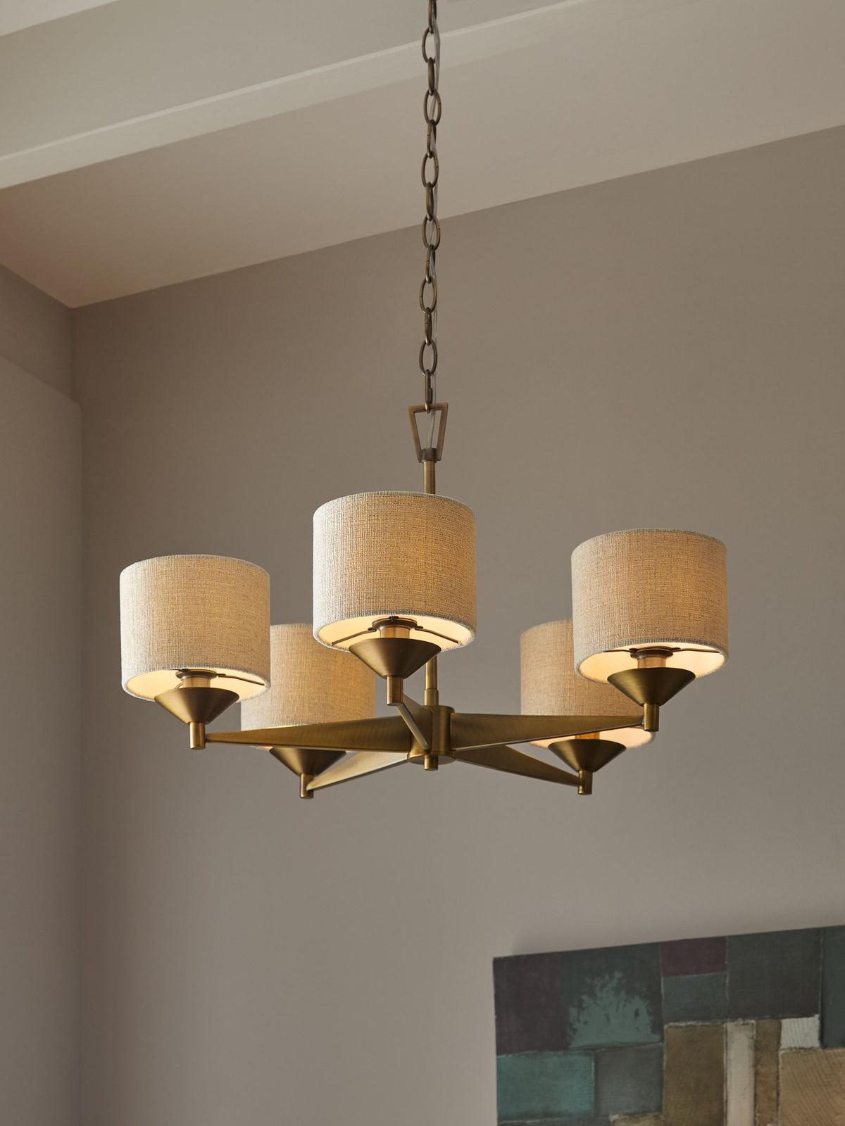 Brass Marston 5 light chandelier with brushed brass finish, imported from the UK