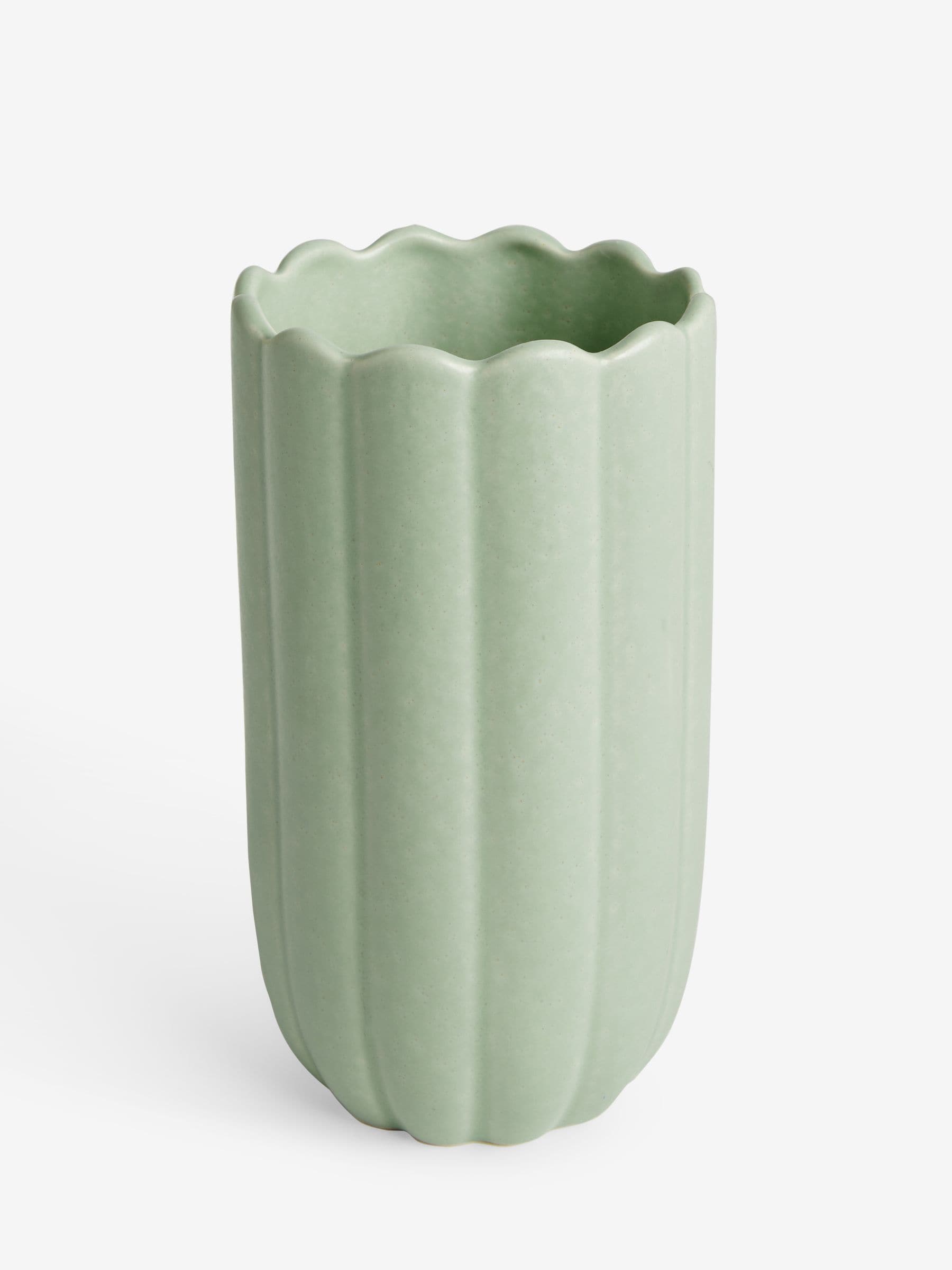 Green ceramic scallop detail vase 16cm high, UK version