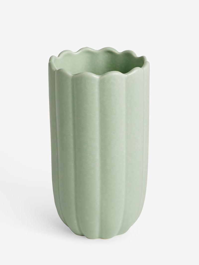 Green ceramic scallop detail vase 16cm high, UK version