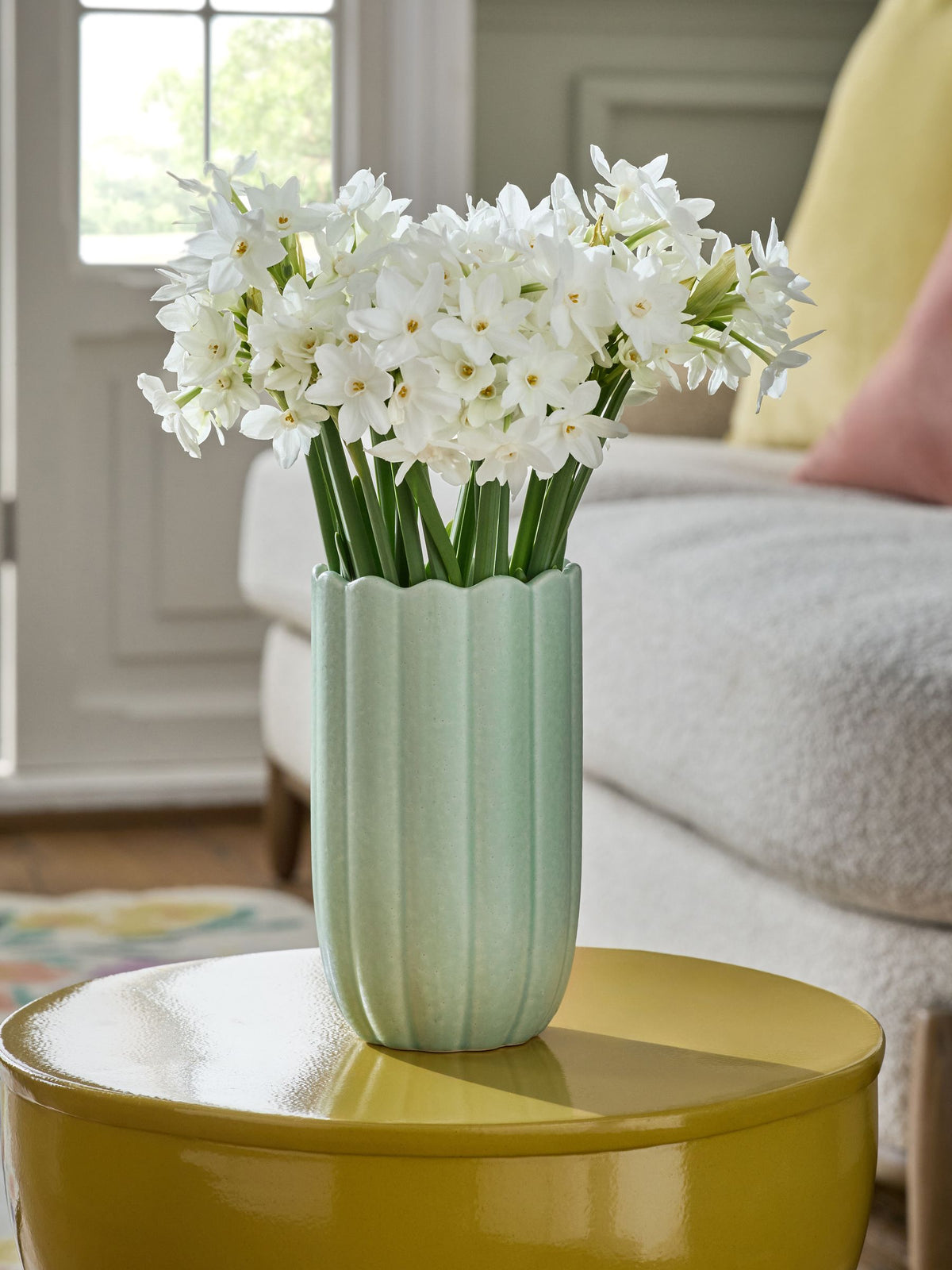 Green ceramic scallop detail vase 16cm high, UK version