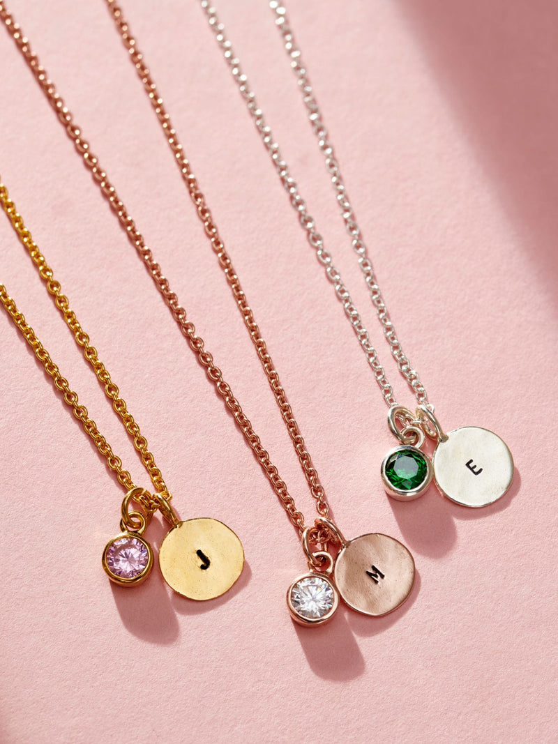 Posh Totty Designs Sterling Silver Birthstone and Initial Disc Charm Necklace 18 inch chain, imported from the UK