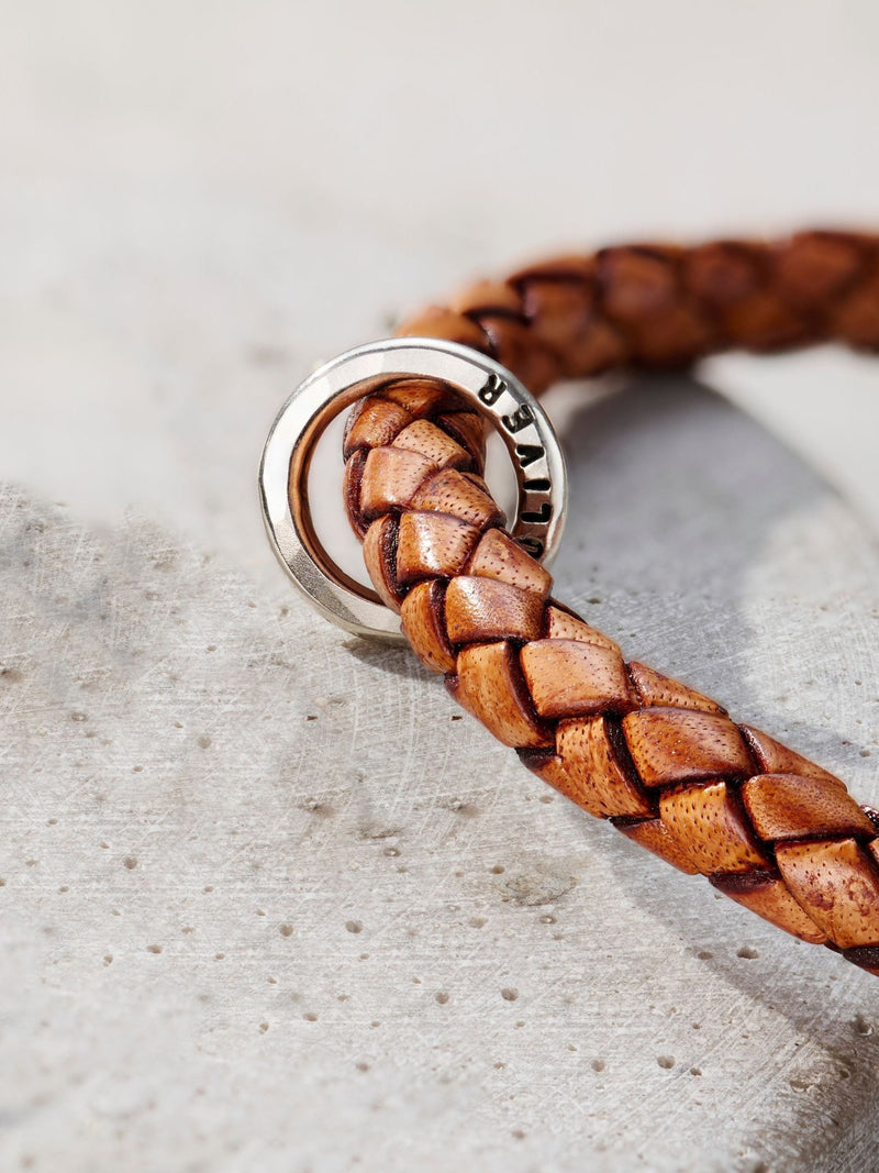 Posh Totty Designs men's gold tone personalised message plaited leather bracelet 21cm length, imported from the UK