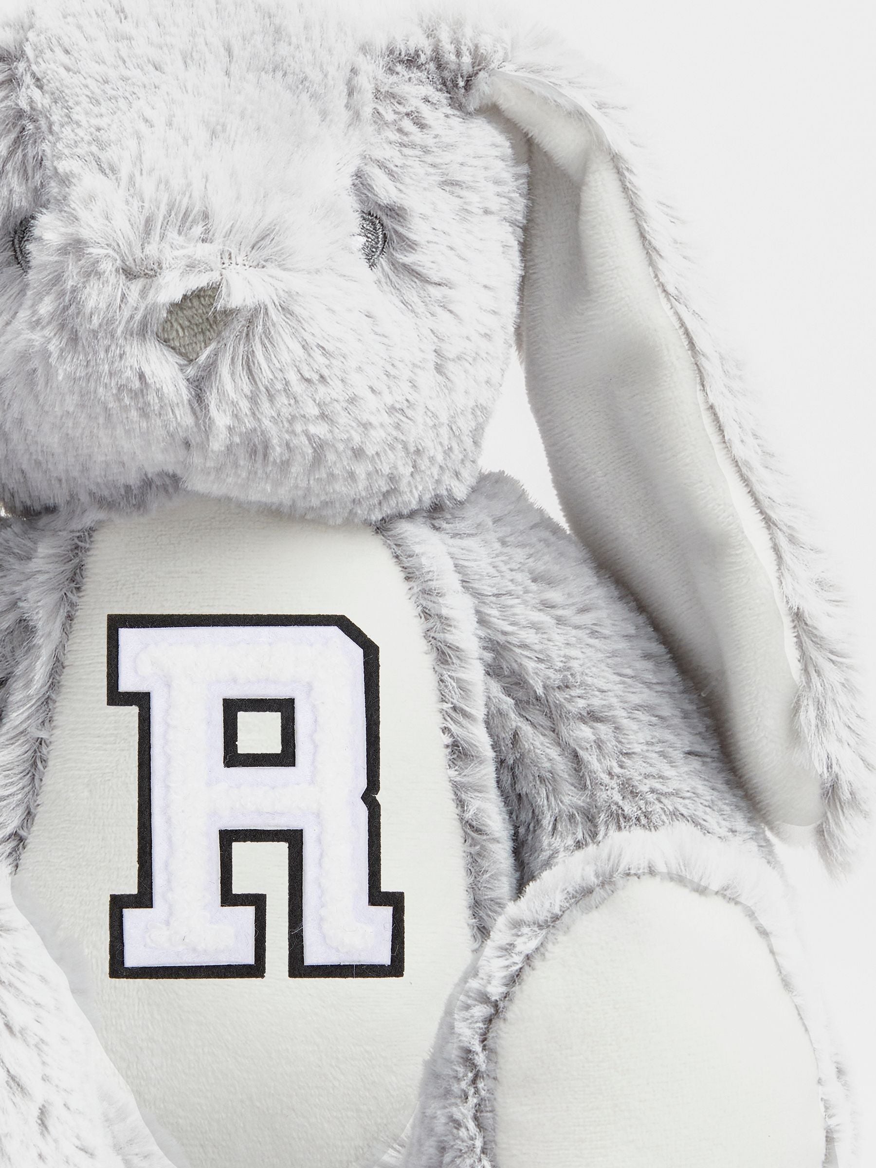 Alphabet grey personalised mini plush bunny (British brand)