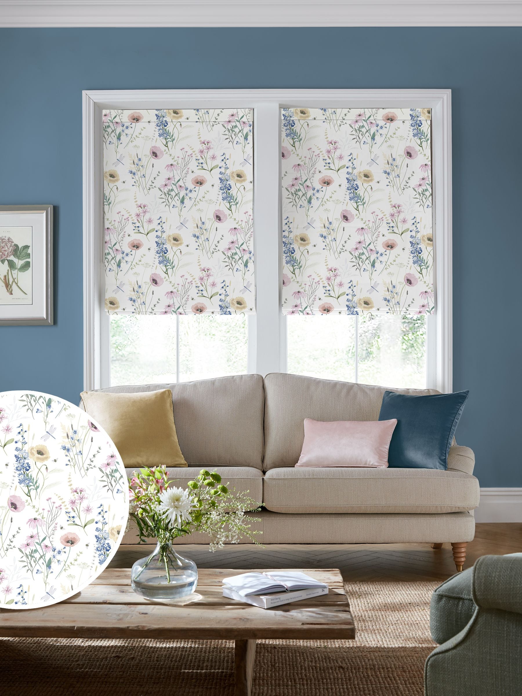 Laura Ashley Delphinium Blue Alford Meadow cotton roman blind - British product