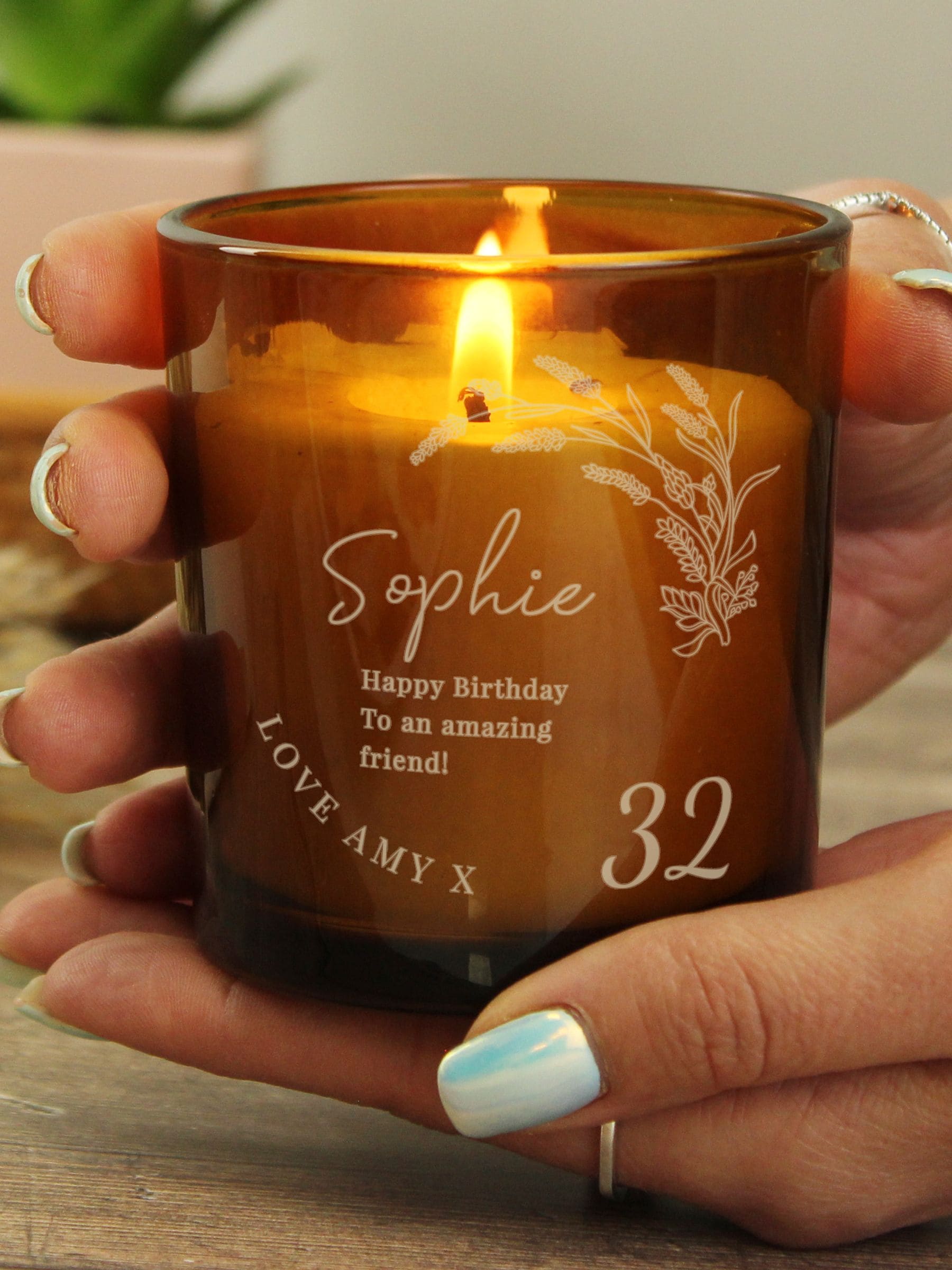 PMC Personalised Birthday Amber Glass Candle, imported from the UK