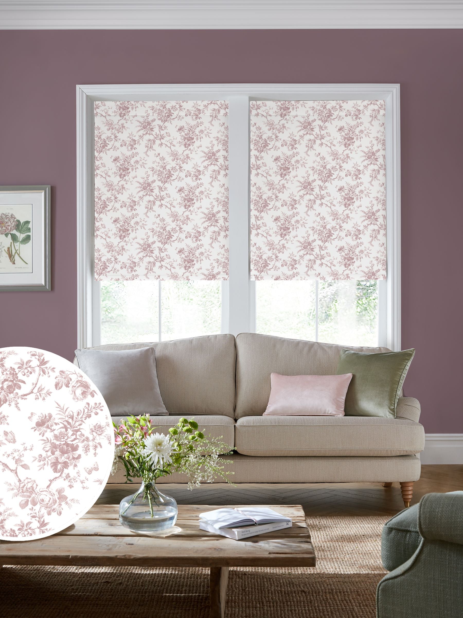 Laura Ashley dark blush pink walled garden roller blind made to measure, UK version