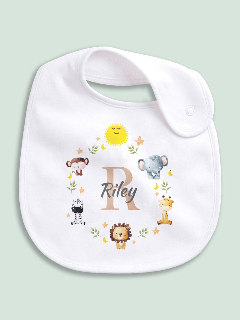 Little Years personalised baby bib with jungle animal icon, imported from the UK