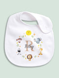 Little Years personalised baby bib with jungle animal icon, imported from the UK