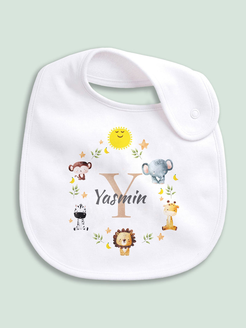 Little Years personalised baby bib with jungle animal icon, imported from the UK