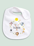Little Years personalised baby bib with jungle animal icon, imported from the UK