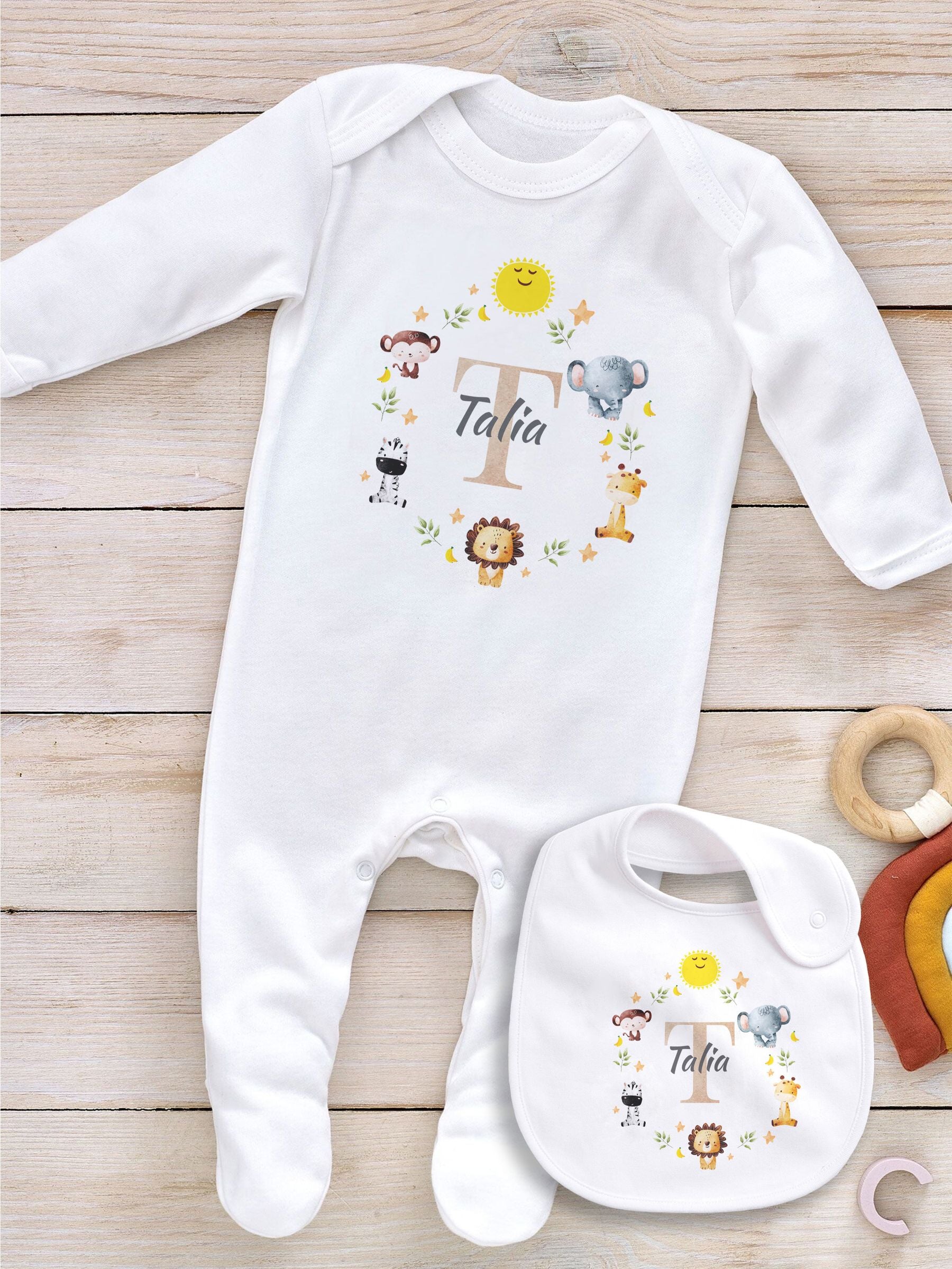 Little Years personalised baby bib with jungle animal icon, imported from the UK