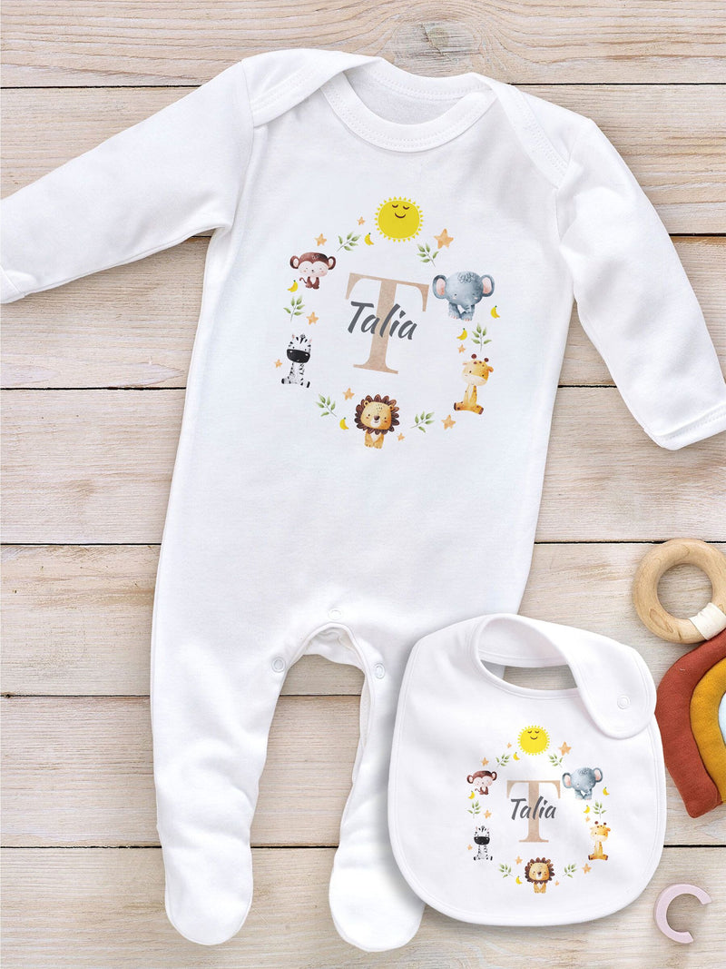 Little Years personalised baby bib with jungle animal icon, imported from the UK