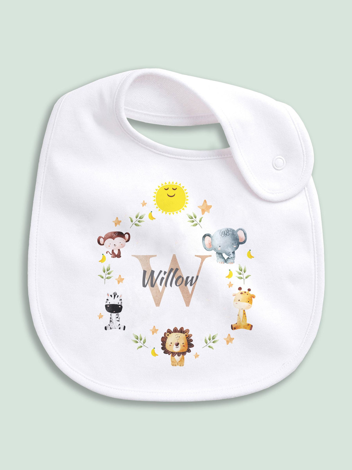 Little Years personalised baby bib with jungle animal icon, imported from the UK