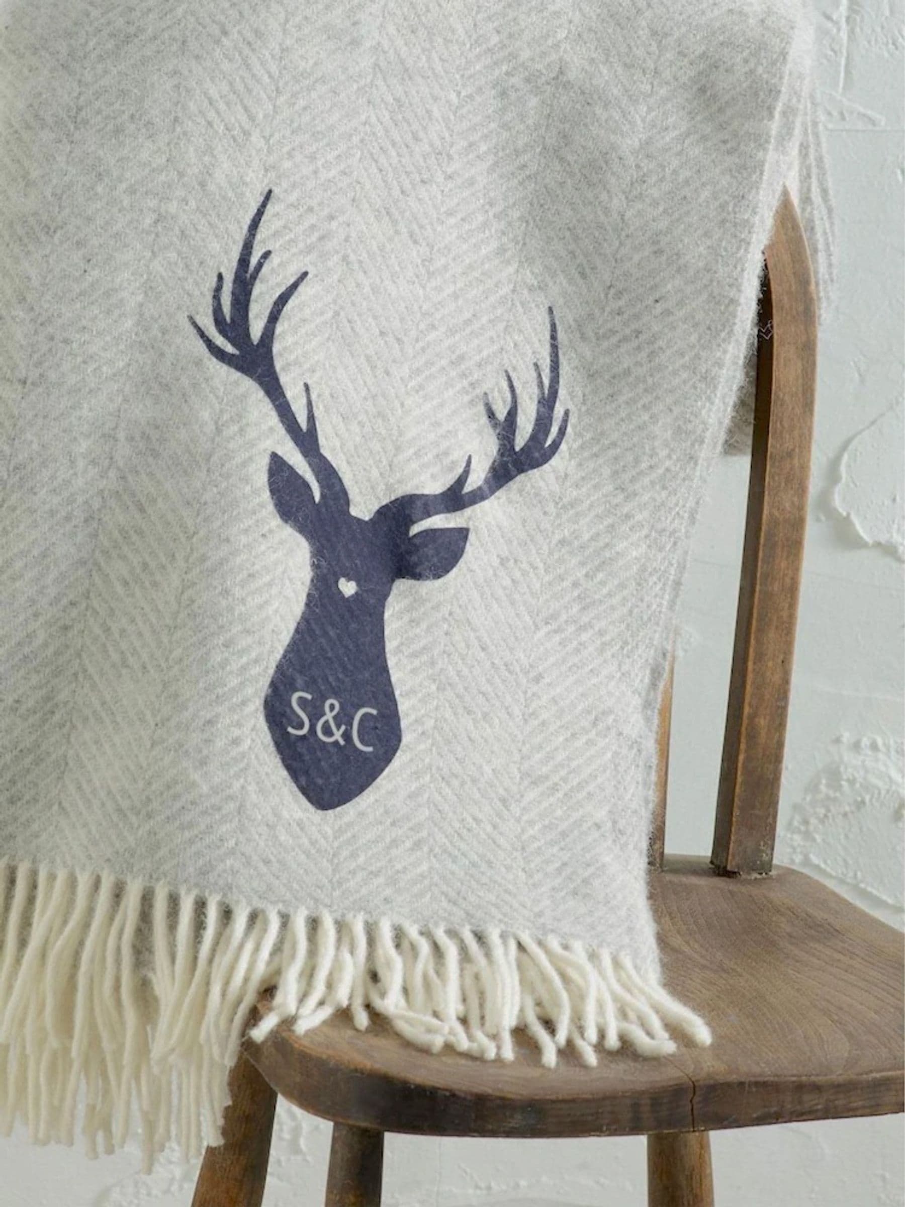 Jonnys Sister personalised grey wool stag throw 150x183cm - British product