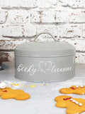 Jonnys Sister personalised heart cake tin, imported from the UK