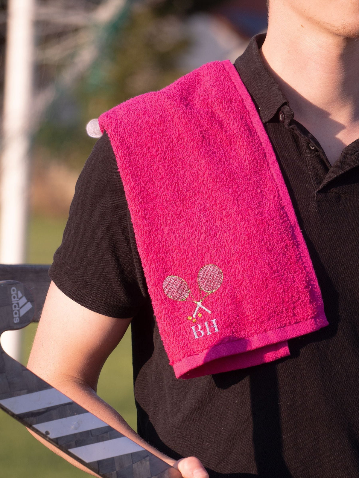 Jonnys Sister pink personalised tennis towel, UK version