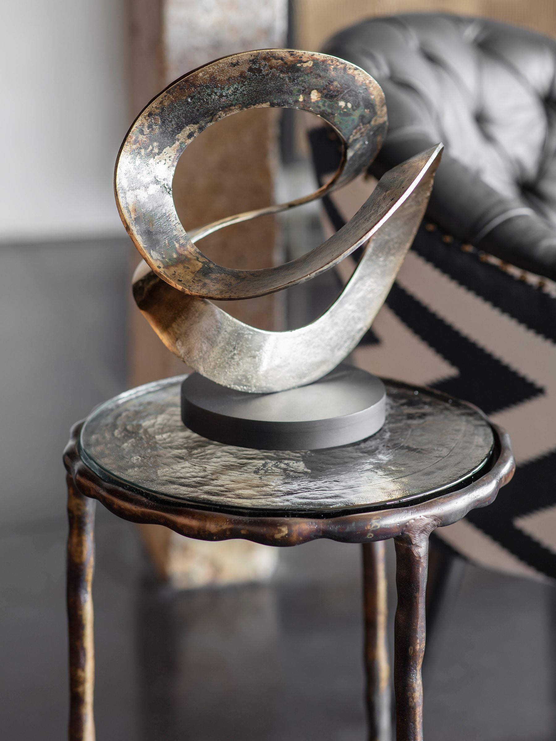 Libra Interiors ribbon knot sculpture rustic gold black wooden base - British product