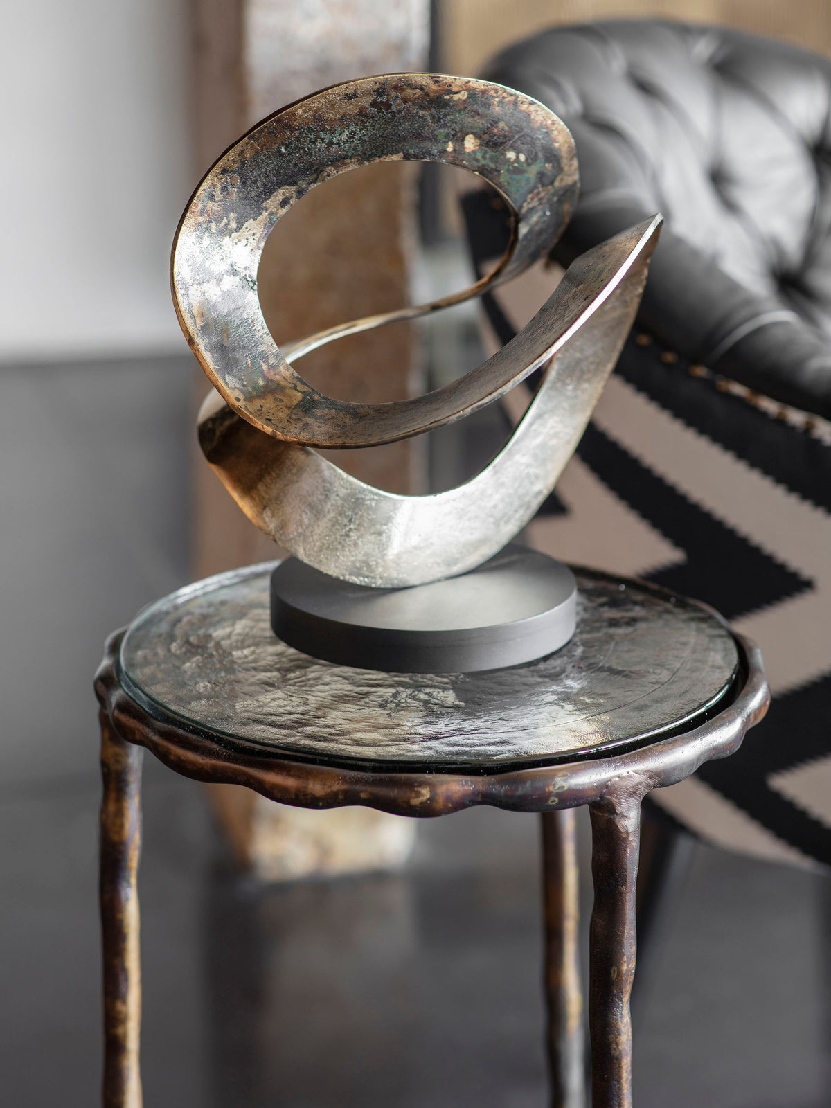 Libra Interiors ribbon knot sculpture rustic gold black wooden base - British product