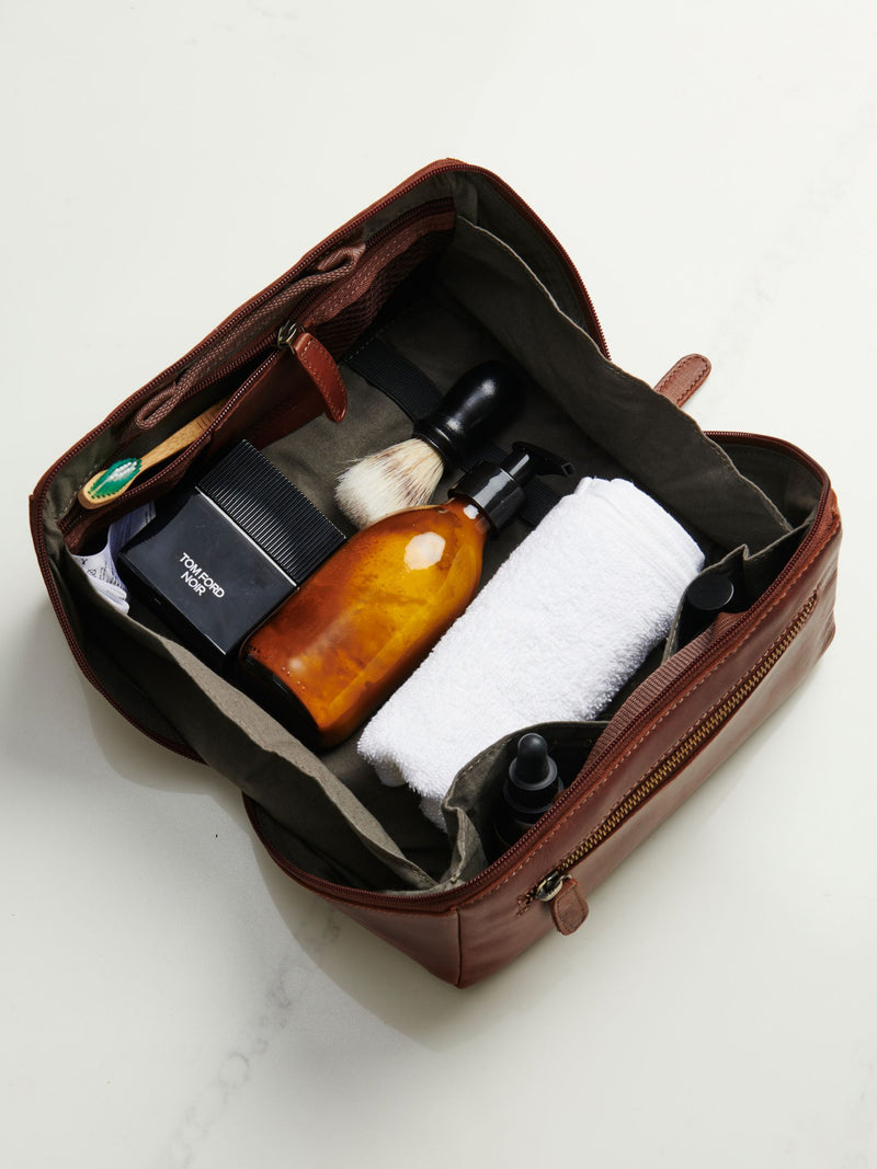 Posh Totty Designs brown leather personalised washbag, UK version