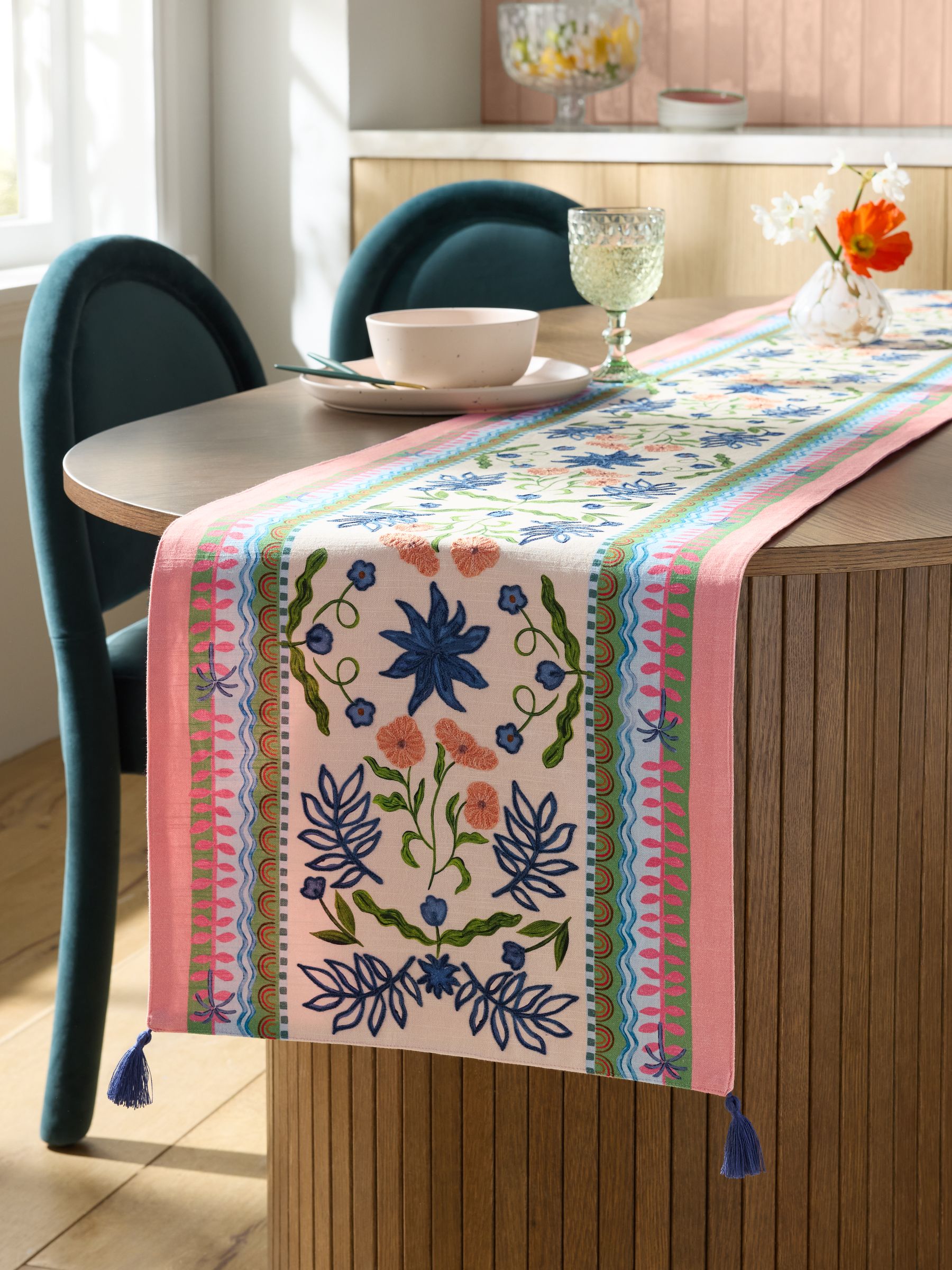 Pink Cassia embroidered kitchen table runner 220cm - British product