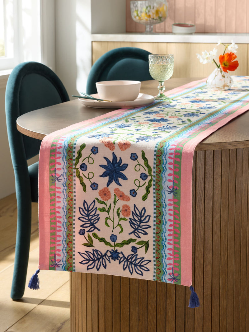 Pink Cassia embroidered kitchen table runner 220cm - British product