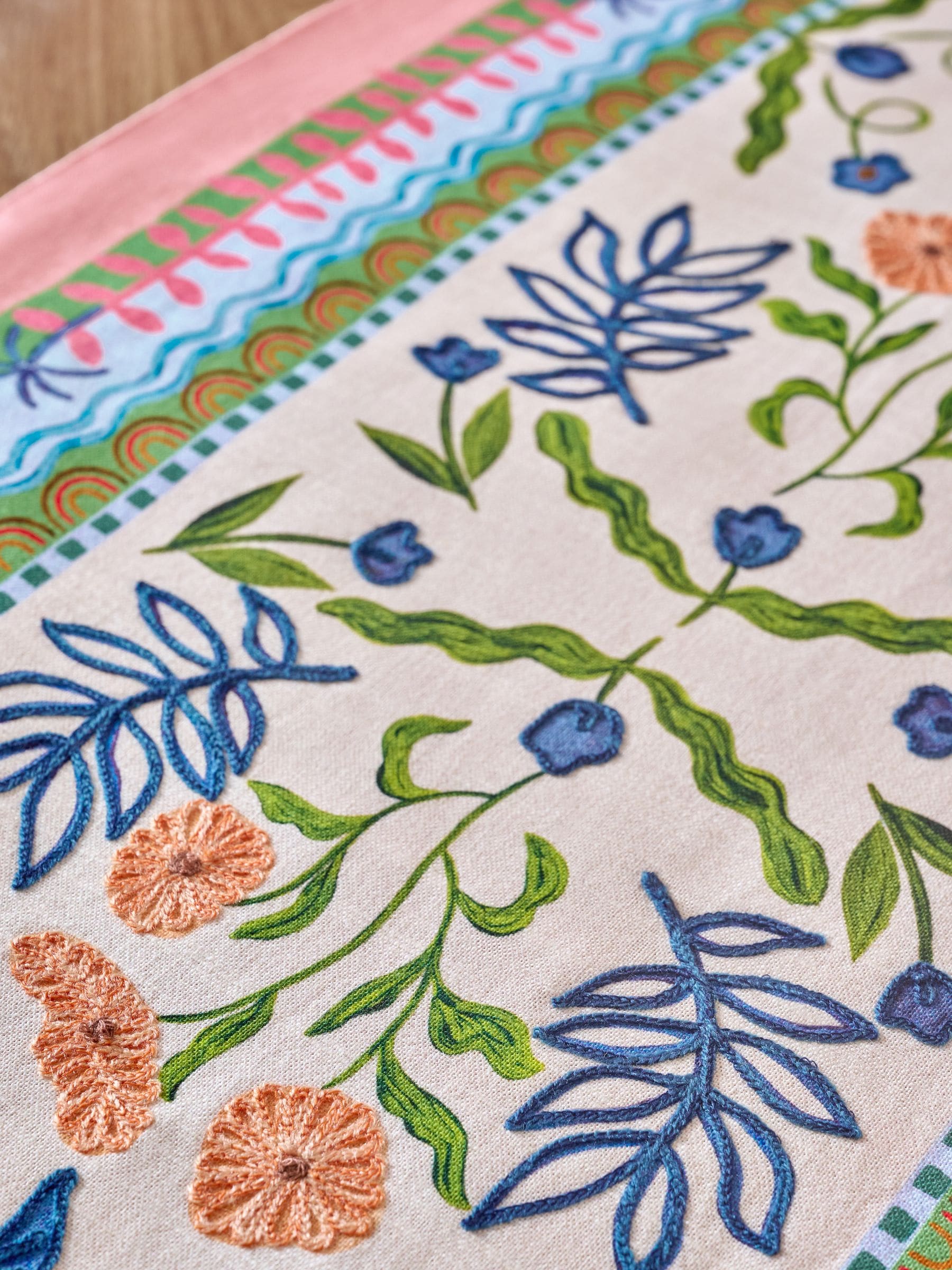 Pink Cassia embroidered kitchen table runner 220cm - British product