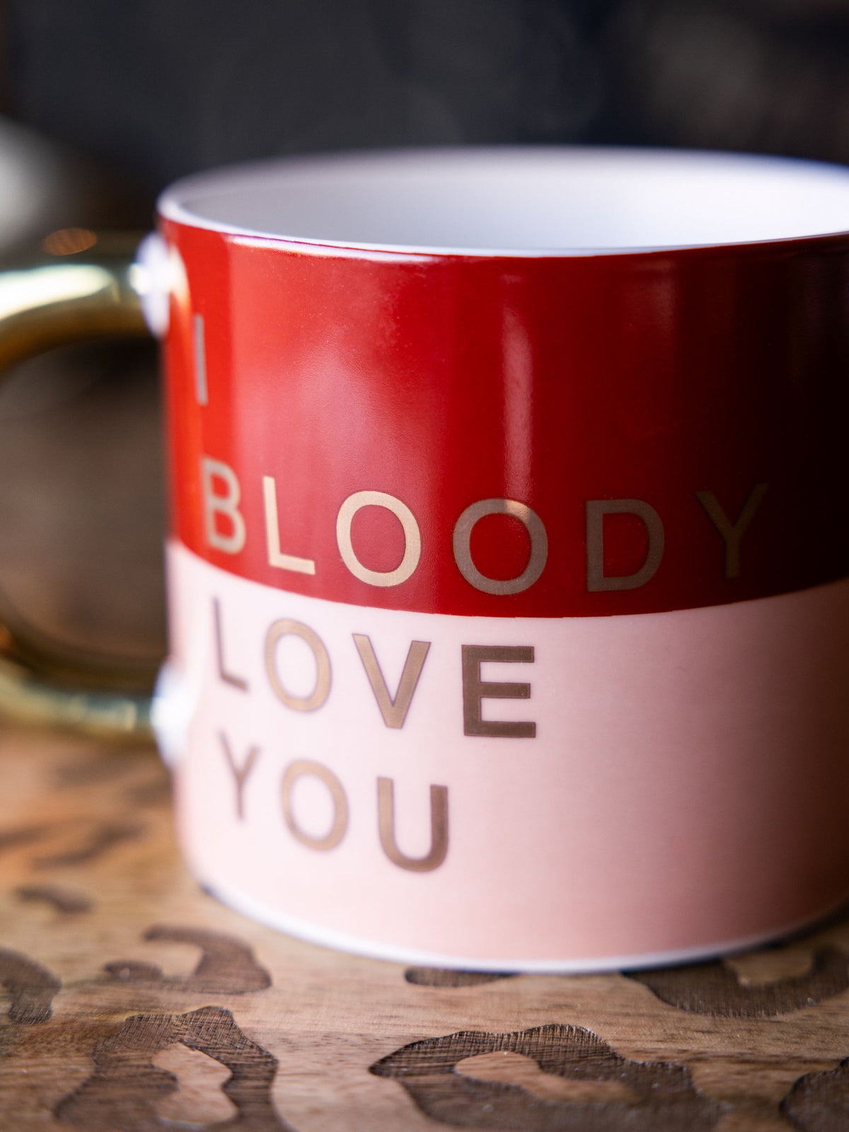 Single Pink Slogan Mug with Gold Handle and Tonal Design