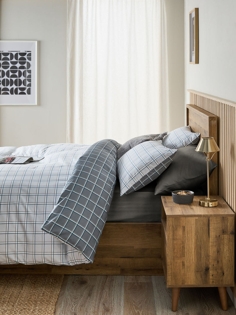Grey reversible check duvet cover and pillowcase set, UK version