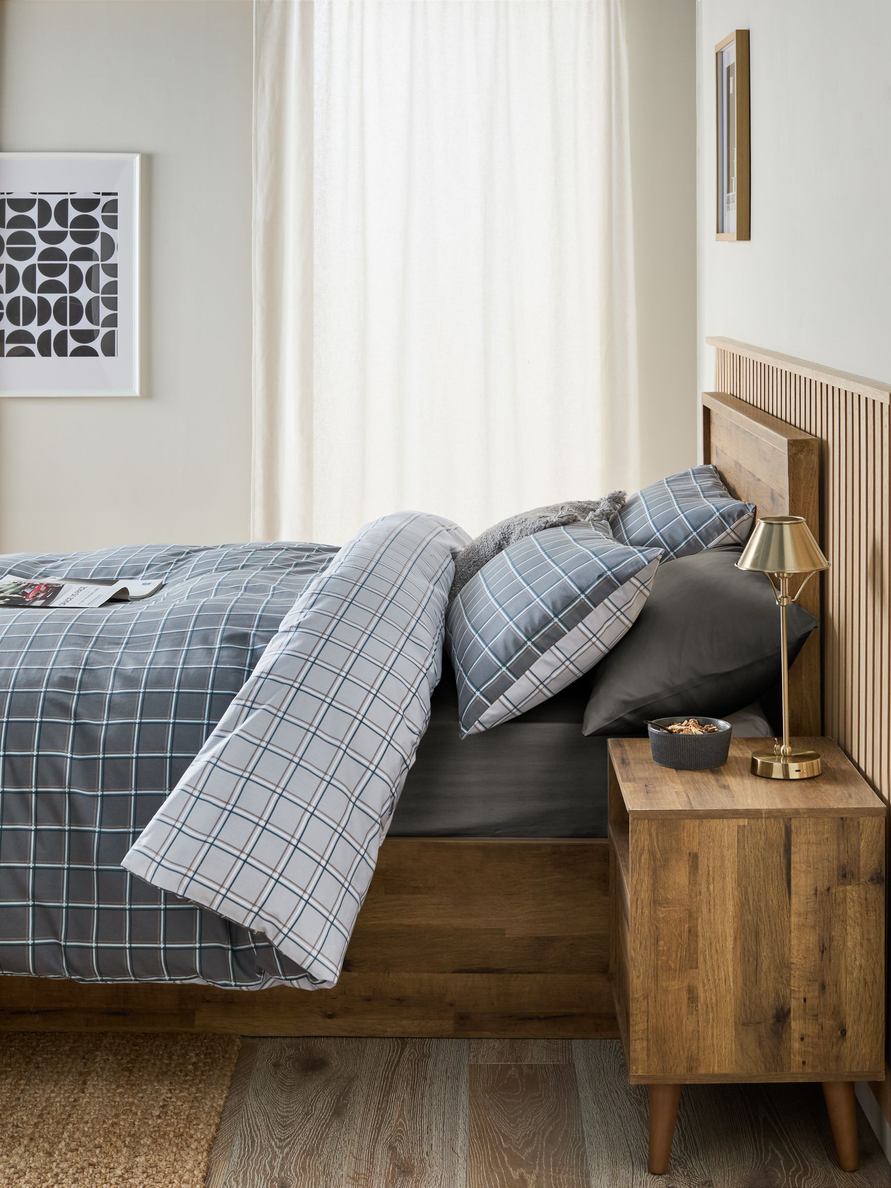 Grey reversible check duvet cover and pillowcase set, UK version