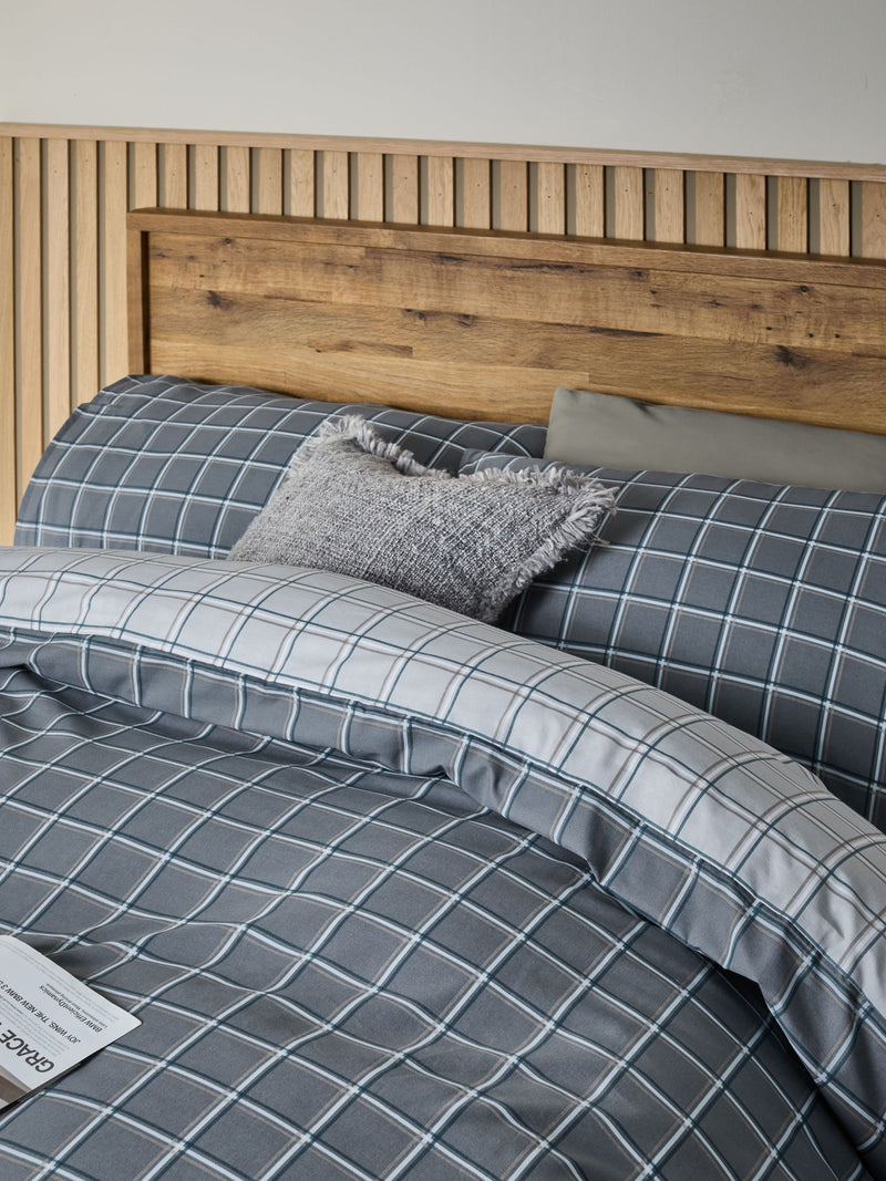 Grey reversible check duvet cover and pillowcase set, UK version