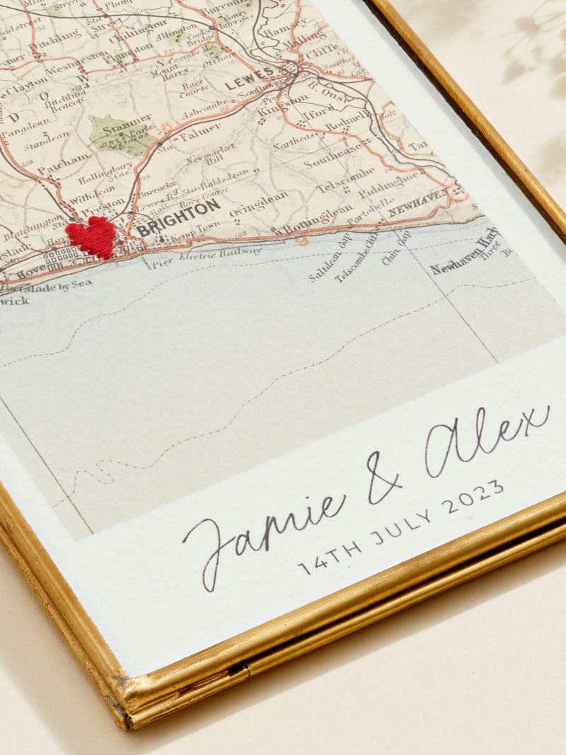 Posh Totty Designs personalised vintage map picture with stitched heart 10x15cm, imported from the UK