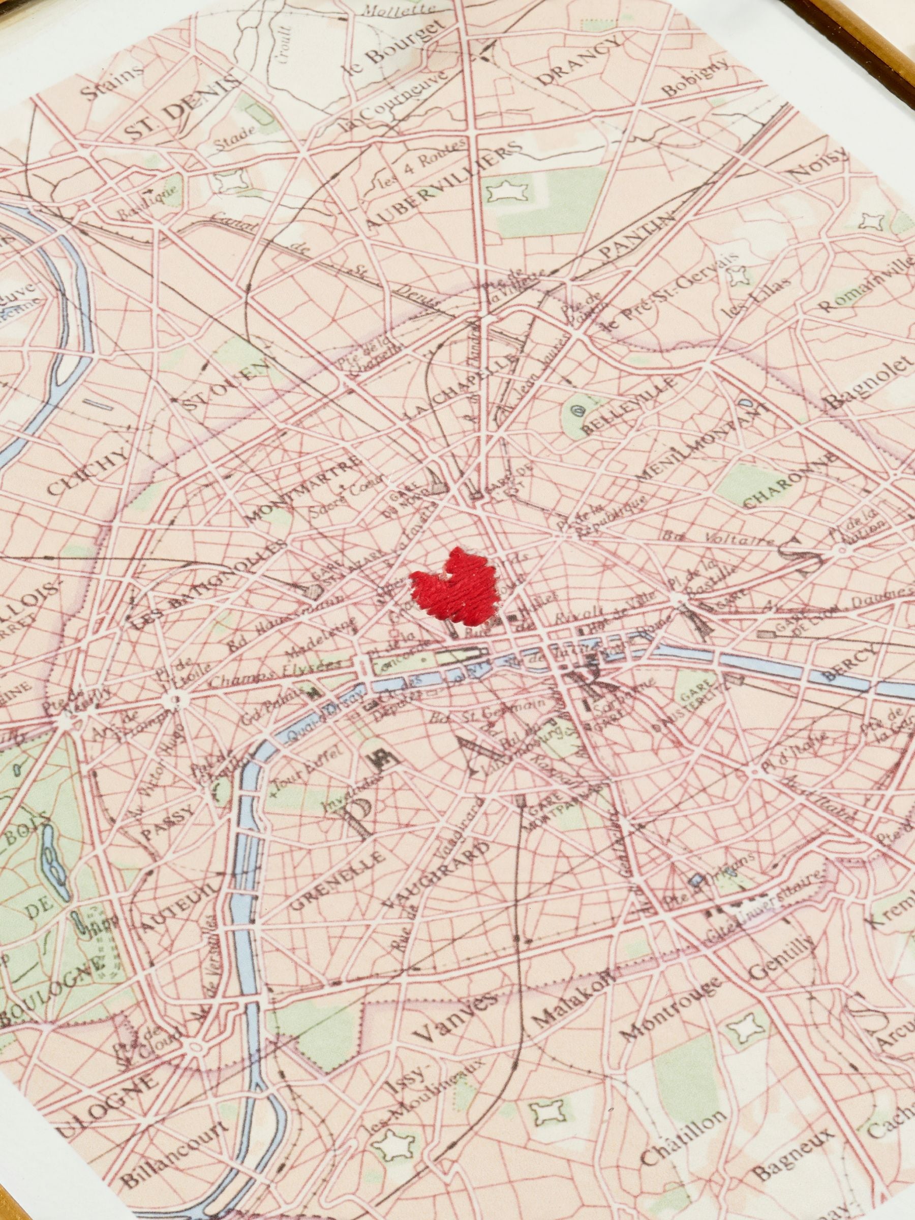 Posh Totty Designs personalised vintage map picture with stitched heart 10x15cm, imported from the UK